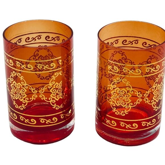 glass cups orange gold embellishment 3.5" set of 2 READ new - Picture 1 of 7